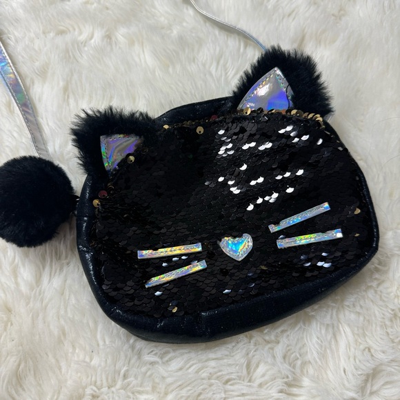 Cat & Jack Girls Black Flip Sequin Cat Crossbody Shoulder Purse - Picture 2 of 5
